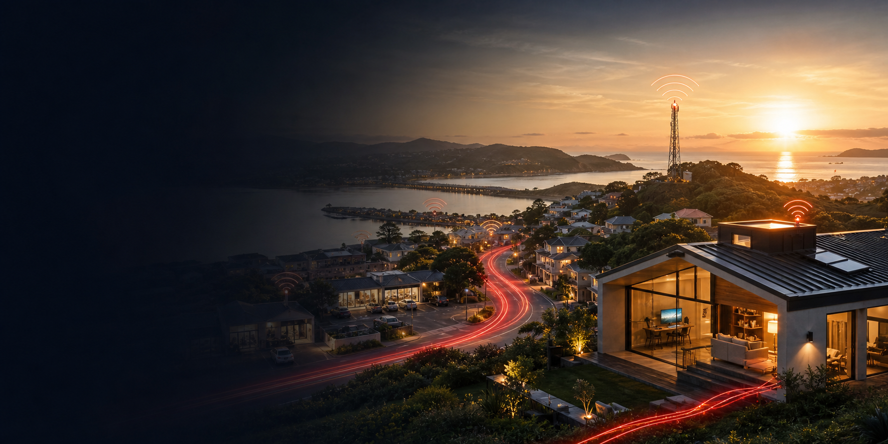 Garden Route homes and businesses connected by fibre broadband at sunset.